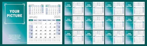 Set of 12 horizontal calendar pages for 2025 with photo Design template Week starts on Sunday