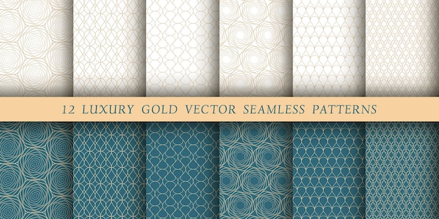 Set of 12 luxurious vector seamless geometrical patterns on a white and emerald background