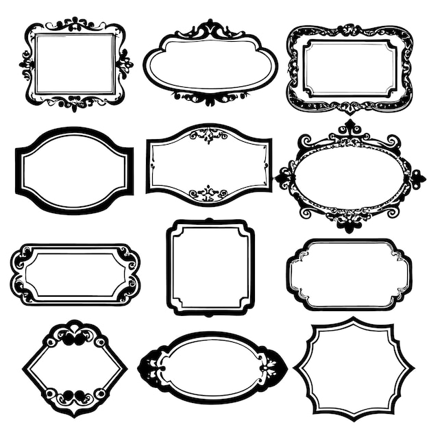 Set of 12 ornate black and white frames with various shapes and intricate details