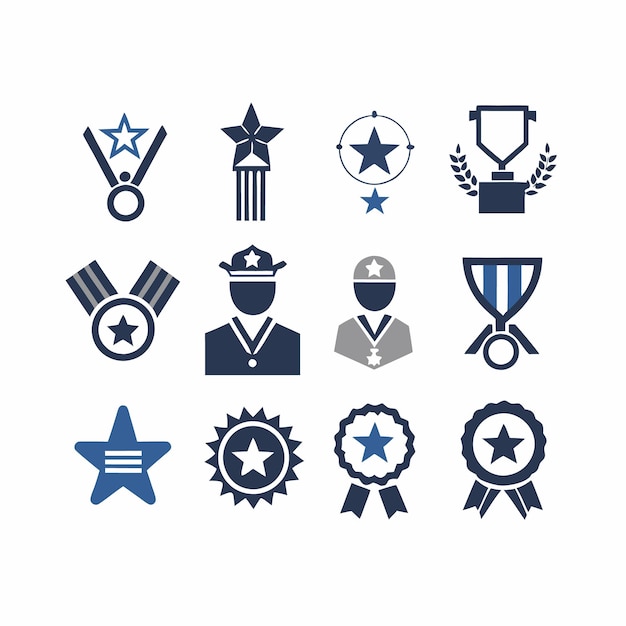 Set of 12 starshaped award icons with blue and gray color