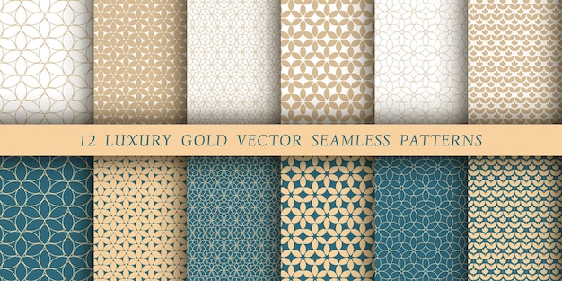 Set of 12 vector seamless patterns Exquisite floral gold patterns on a white and emerald background