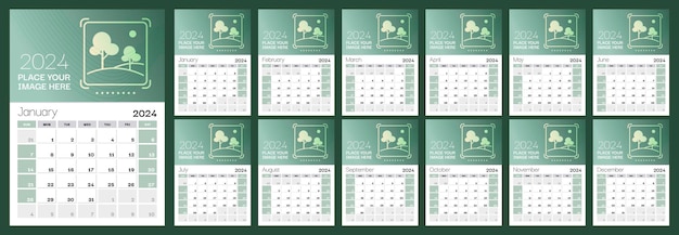 Set of 12 vertical calendar pages for 2024 with photo Design template Week starts on Sunday