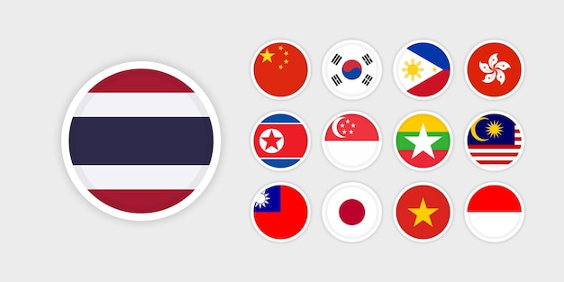 Set of 13 Asian countries flags. Circle flags with white frame.