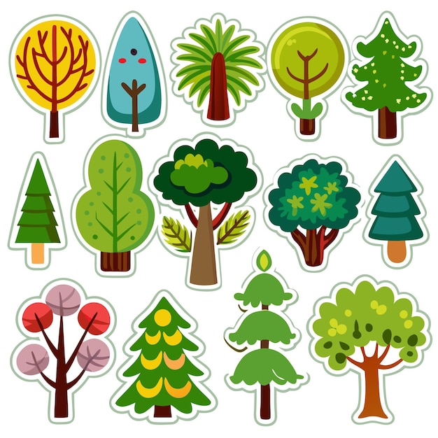 A set of 15 cartoon trees in various styles and colors