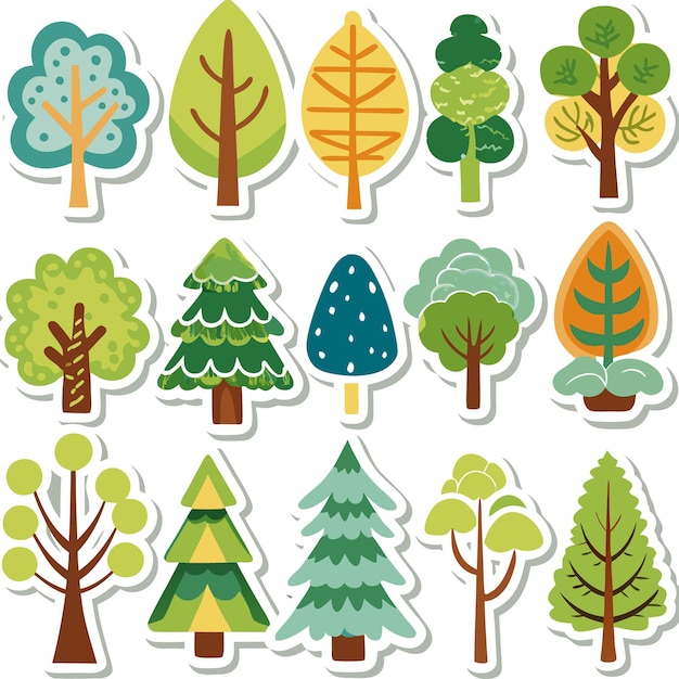 Set of 15 colorful cartoon trees with stickers style