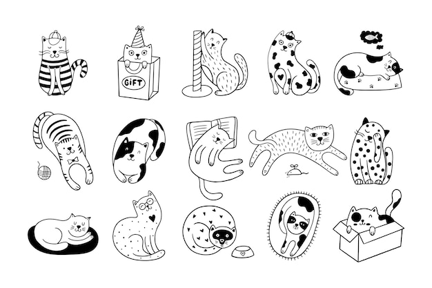 Set of 15 cute hand-drawn cats