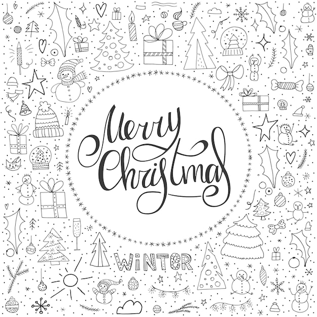 Set of 150 winter doodle elements. Hand-drawn objects on a white background with handwritten lettering. Merry Christmas and Happy New Year 2022.