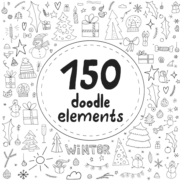 Set of 150 winter doodle elements. Hand-drawn objects on a white background with a place for the text in the form of a circle. Merry Christmas and Happy New Year 2022.