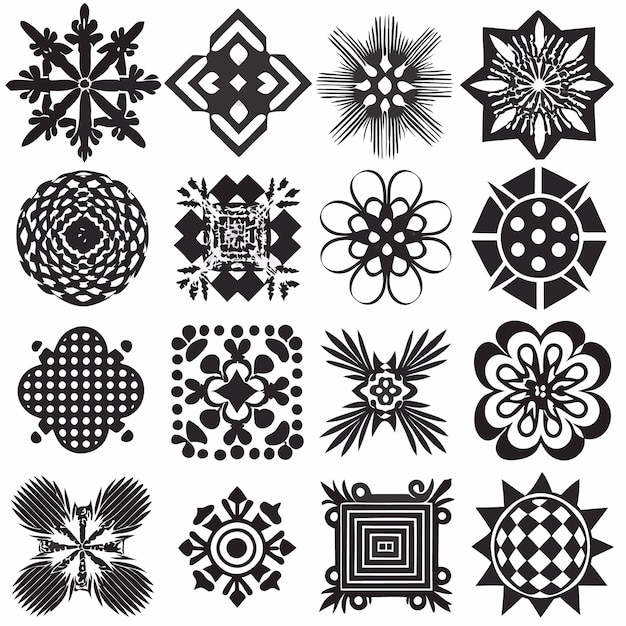 Vector set of 16 black and white geometric decorative elements with floral patterns abstract shapes and intricate designs