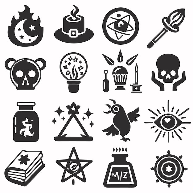 Set of 16 black and white magic icons including skull potion eye and more