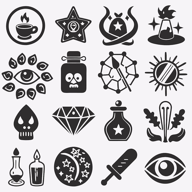 Set of 16 black and white magic icons