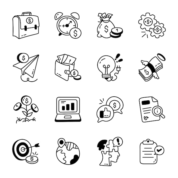 Set of 16 Business Startup Doodle Icons