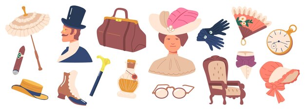 Vector set of 19th century items umbrella cigar valise bag pocket watch and glasses walking cane hat boots and gloves