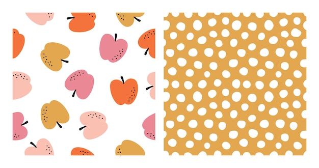 Set of 2 seamless patterns with colorful apples and white spots.