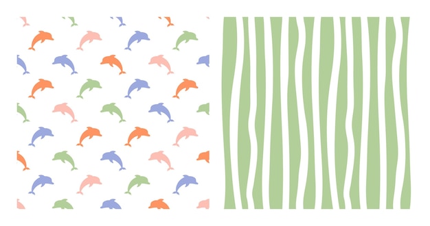 Set of 2 seamless patterns with colorful dolphin and vertical wavy lines