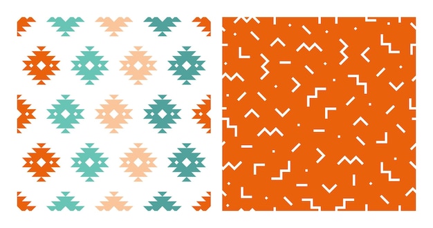 Set of 2 seamless patterns with colorful kilim design and with white memphis design.