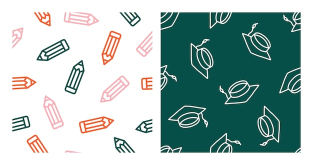 Set of 2 seamless patterns with colorful otuline pencil and white outline mortarboard.