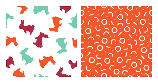 Set of 2 seamless patterns with colorful rabbit and memphis design.