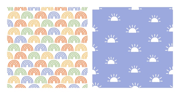 Set of 2 seamless patterns with colorful rainbows and with sunset sun.