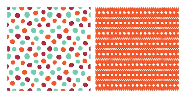 Set of 2 seamless patterns with colorful spots and white dots and lines.