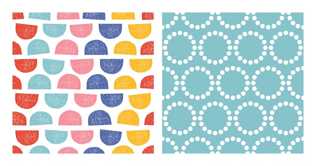 Set of 2 seamless patterns with colorful textured semi circle and white dotted circle.