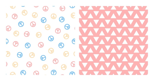 Set of 2 seamless patterns with peace sign and white triangles.