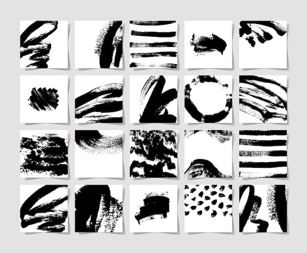 Set of 20 black ink brushes grunge square pattern hand drawing background collection