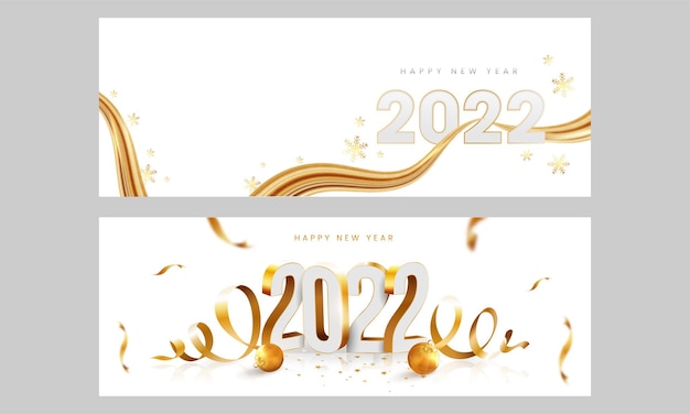 Set Of 2022 Happy New Year Banner Or Header Design In Golden And White Color.