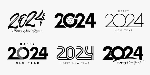 Set of 2024 Happy New Year black icons, text design. Creative collection of 2024 New Year symbols.