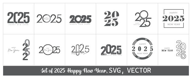 Set of 2025 Happy New Year text design Vector illustration with isolated on white background