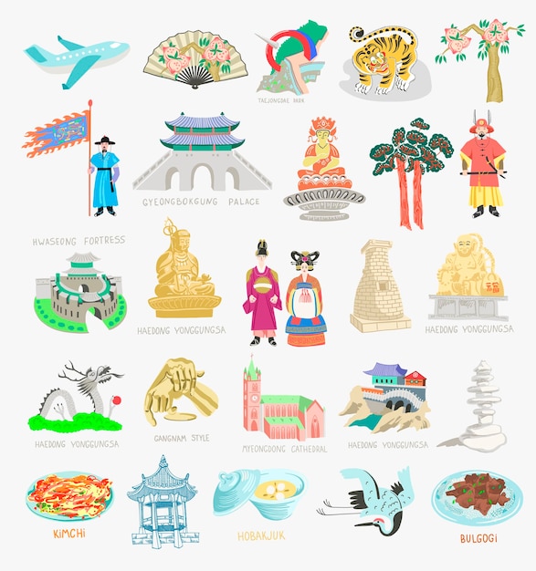 Set of 25 doodle vector illustration sights of South Korea travel collection