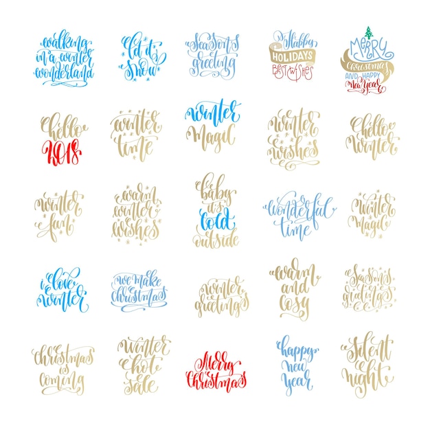 set of 25 merry christmas and happy new year hand lettering greeting holiday quotes to 2018 year celebration design, calligraphy vector illustration collection