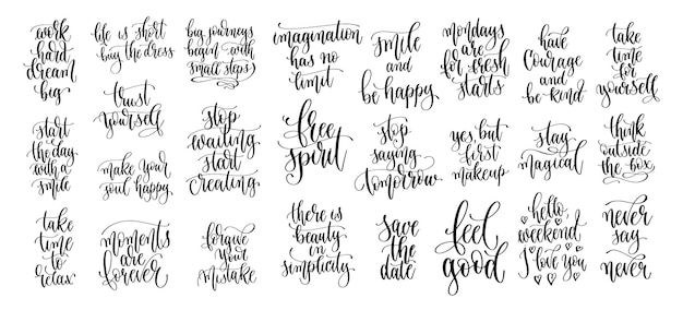 Set of 25 positive quotes design motivation and inspiration hand lettering calligraphy text