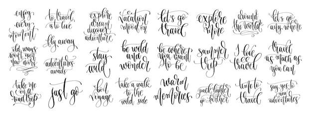 Set of 25 travel positive quotes motivation and inspiration discover adventure hand lettering text