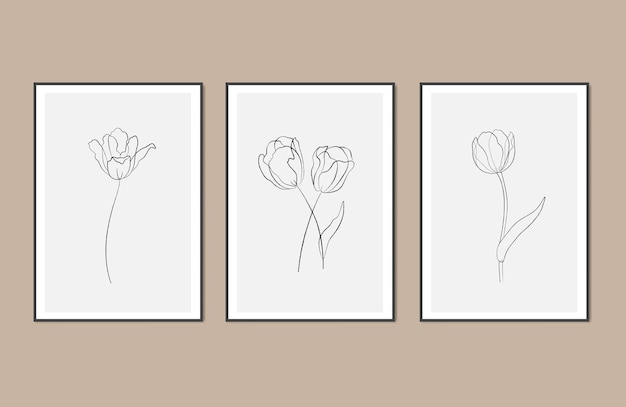 Vector set of 3 abstract tulip line drawing wall art print flowers vector cover background