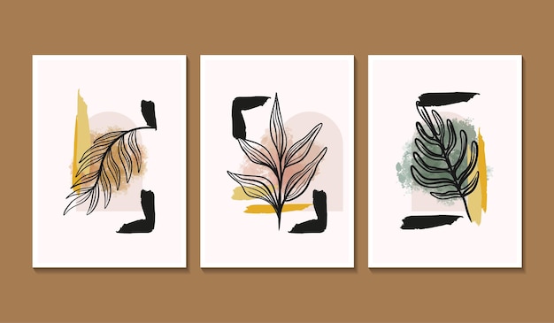 Set of 3 aesthetic minimalist wall art poster with outline leaf and stylish brush