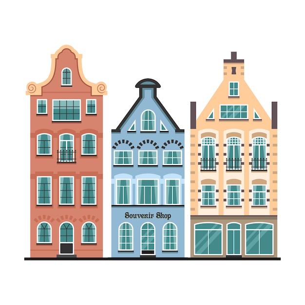 Set of 3 Amsterdam old houses cartoon facades