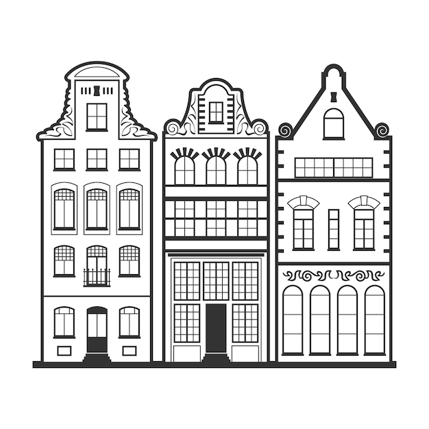 Set of 3 Amsterdam old houses facades. Traditional architecture of Netherlands. Line style black and white vector flat isolated illustrations in the Dutch style. For coloring, design, background.