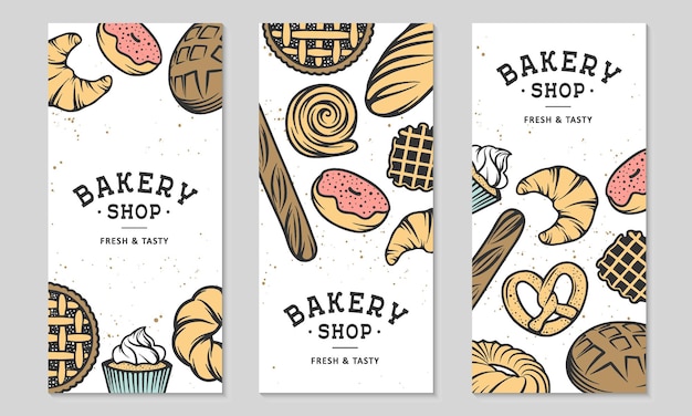 Set of 3 bakery flyers or brochure Advertising with bread pastry pie buns sweets cupcake