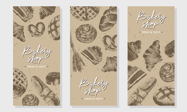 Set of 3 bakery flyers menu or brochure with bread pastry pie buns sweets cupcake