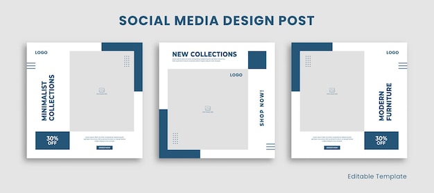 Set of 3 Editable Template Social Media Design Post with Rectangle Frame