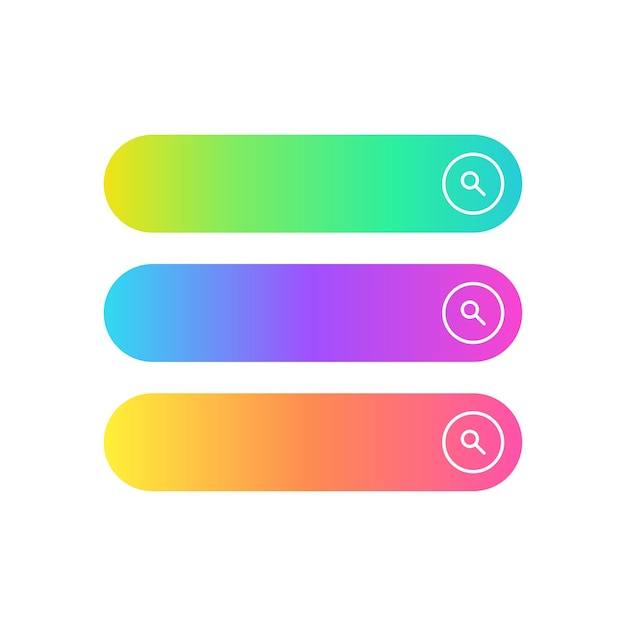 Set of 3 gradient search bars with magnifying glass icon Web or app search concept