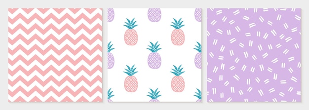 Set of 3 seamless patterns with pineapples, lines and chevron