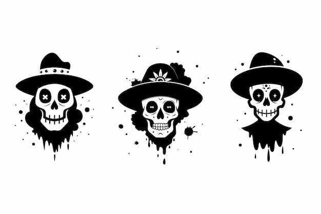 Set of 3 Skull in Mexican Hat Against Splattered Ink Sky with Day of the Dead Elements