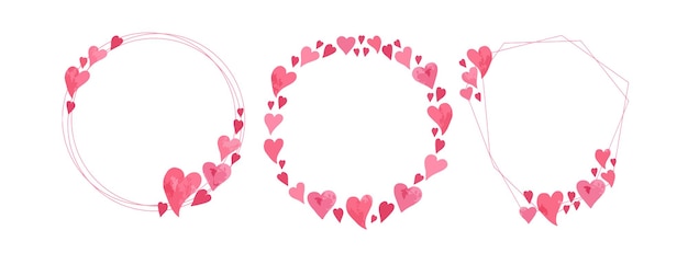 Set of 3 Valentines Day wreaths Pink romantic frames with hearts isolated Galentines vector art