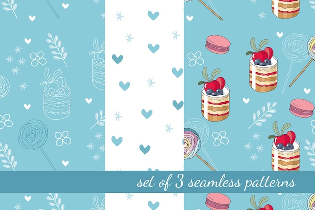 Set of 3 vector seamless patterns with desserts and decorative elements in cartoon style