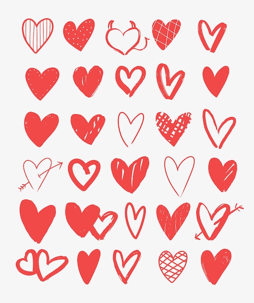 Set of 30 hand drawn simple hearts Decorative design elements