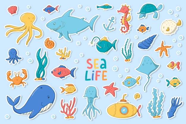 set of 33 sea life stickers doodles clipart