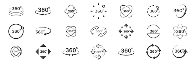 Set of 360 degree views icons Round signs with arrows rotation to 360 degrees Virtual reality icons Signs with arrows to indicate the rotation or panoramas to 360 degrees Vector illustration