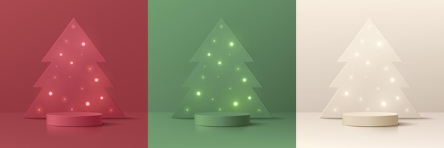 Set of 3D abstract with red cream green cylinder podium light bulb on christmas tree background